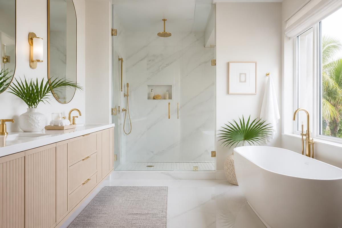 Elegant remodeled bathroom with marble tile and gold fixtures