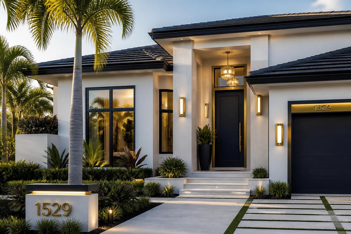 Modern South Florida home with hurricane impact windows and front door